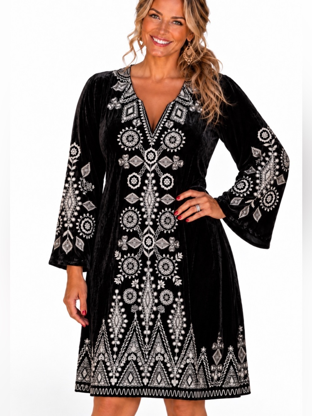 Johnny Was heavily embroidered Liona Velvet Kimono Sleeve Dress NWT